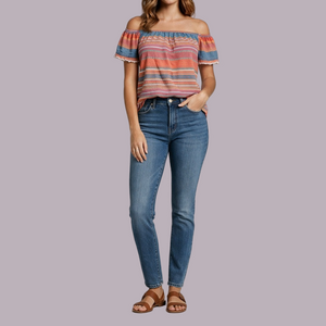 DRA Los Angeles Stripe Fringe Off The Shoulder 3/4 Sleeves Blouse M Boho Peasant